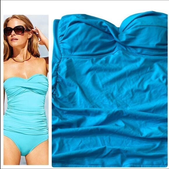 ANNE COLE Turquoise Twist-Front Ruched Tankini Top X-SMALL NWT - Picture 2 of 13
